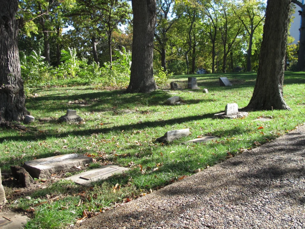 Wyandot National Burying Ground with knocked over or broken headstones.