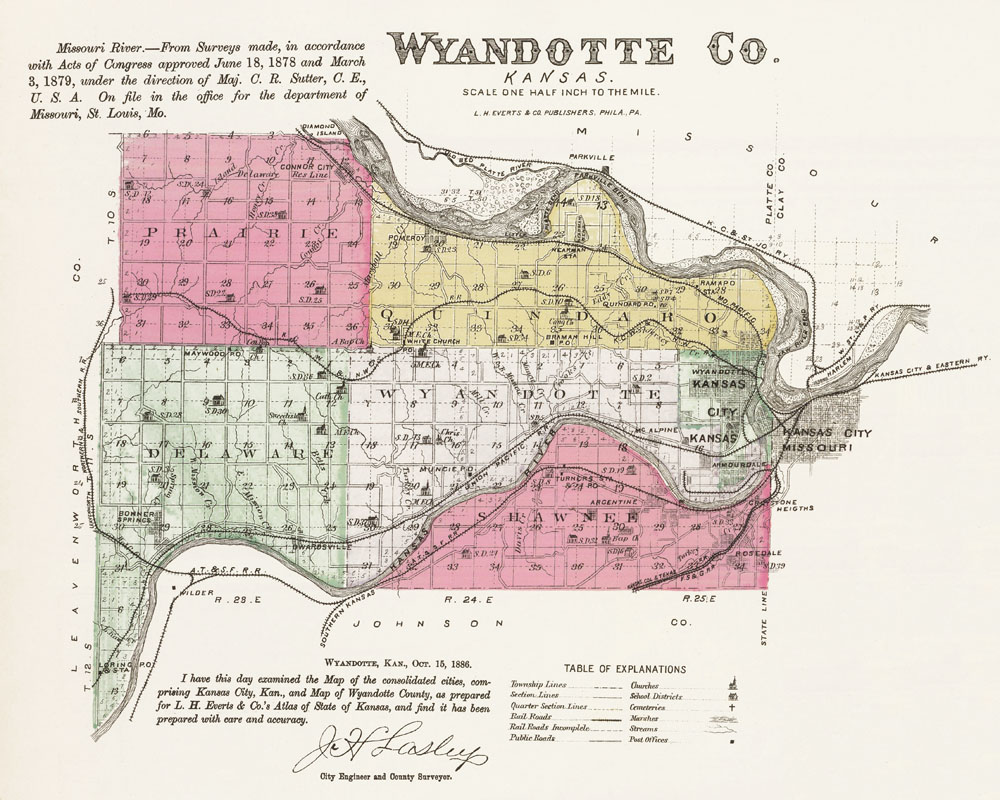 Map of Wyandotte County, Kansas. The map is subdivided into different townships.