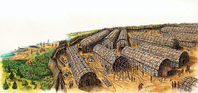 Painting of a walled Wyandot town with longhouses being constructed from bark and wood.