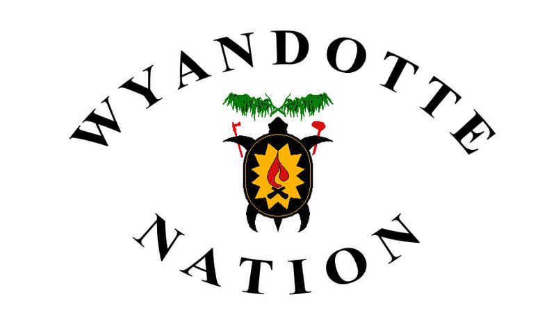 Wyandotte Nation of Oklahoma flag featuring a turtle holding a pipe and a hatchet with a fire on its back.