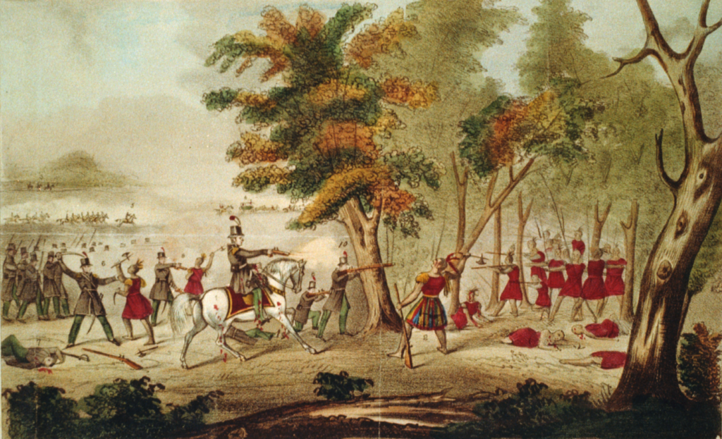 Drawing of the battle of the Thames. An American on horseback is shooting Tecumseh.