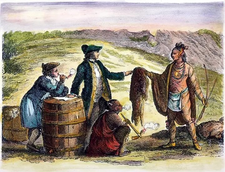 Painting of a fur trade exchange between native Americans and Europeans in the 18th century.