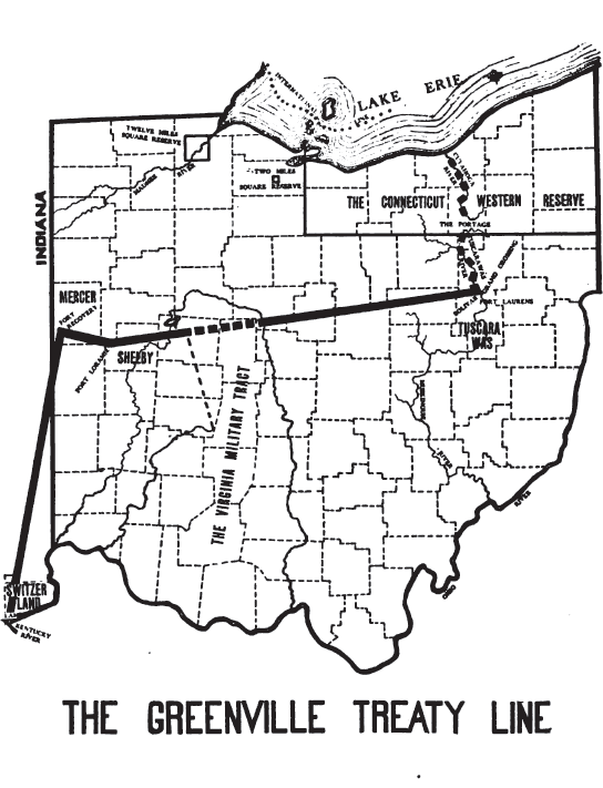Map of the Greenville Treaty line. the line bisects Ohio 1/3 of the way down the state.