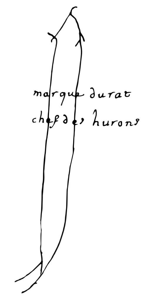 Kondiaronk's signature. It is a drawn muskrat with his name in french over it.