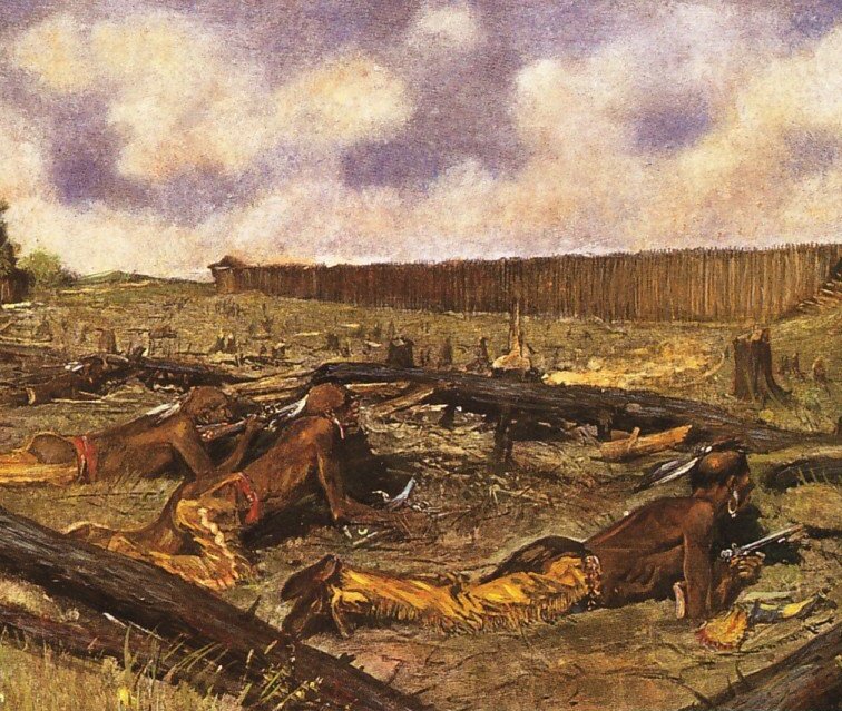 Native American men lie prone outside the Palisade of Fort Detroit.