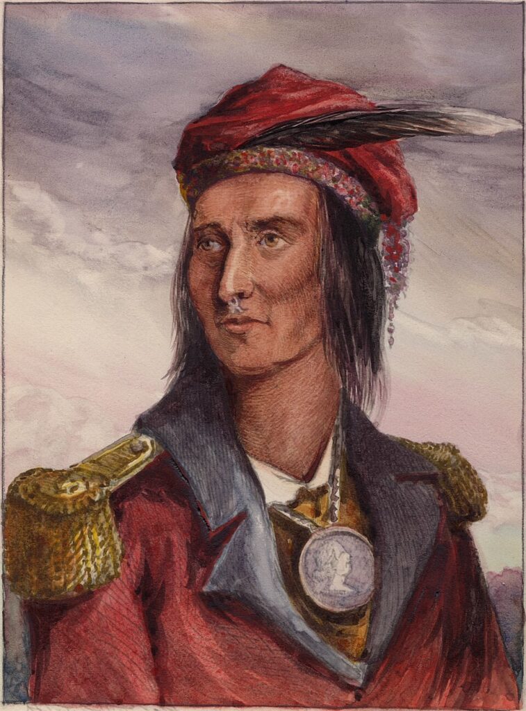 Portrait of Tecumseh wearing a British military jacket.