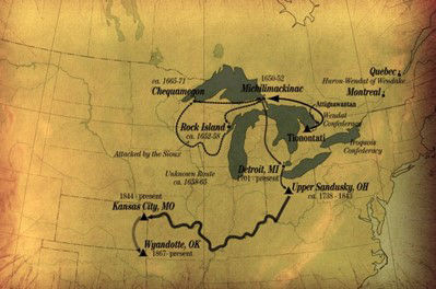 Map of Wyandot moves and removals, tracing them from the St. Lawrence River Valley to Michigan and Wisconsin, to Ohio, to Kansas, and to Oklahoma.